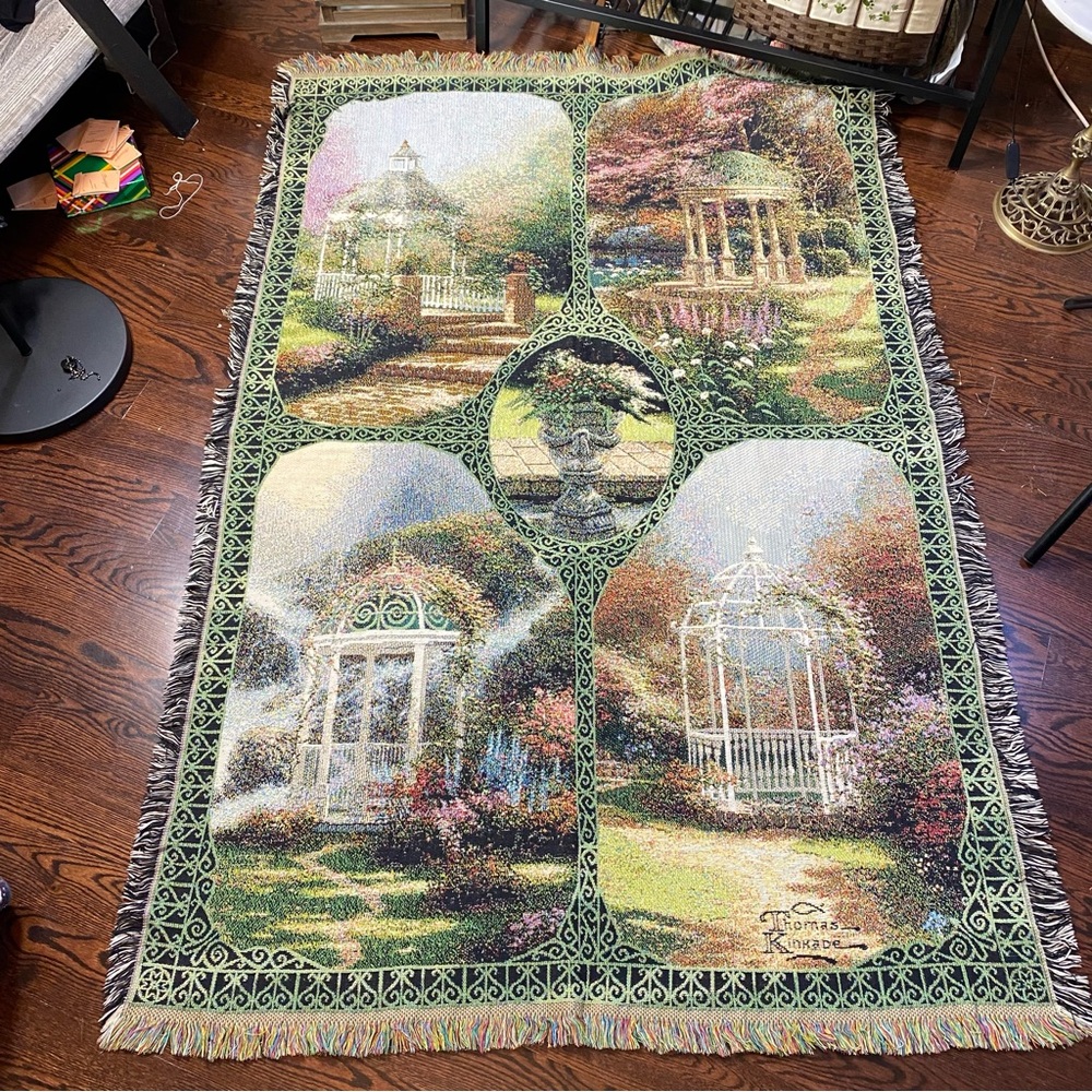 Thomas Kinkade 4 Floral Gazebos Tapestry Throw Blanket 67"x46" USA 1998